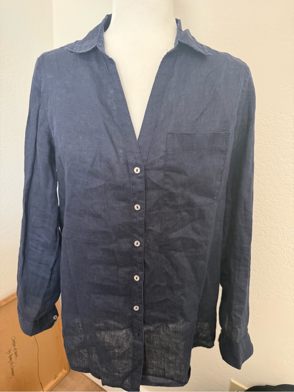 Sigrid Olsen Navy Button-Front Linen Shirt - Picture 3 of 4